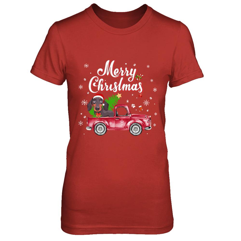 Dachshund Retriever Rides Red Truck Christmas Pajama-T-Shirt & Sweatshirt-Women's T-Shirt-Red