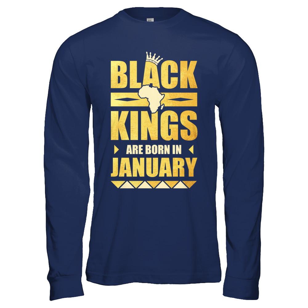 Black Kings Are Born In January Birthday-T-Shirt & Hoodie-Long Sleeve T-Shirt-Navy