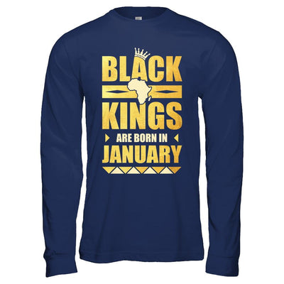 Black Kings Are Born In January Birthday-T-Shirt & Hoodie-Long Sleeve T-Shirt-Navy