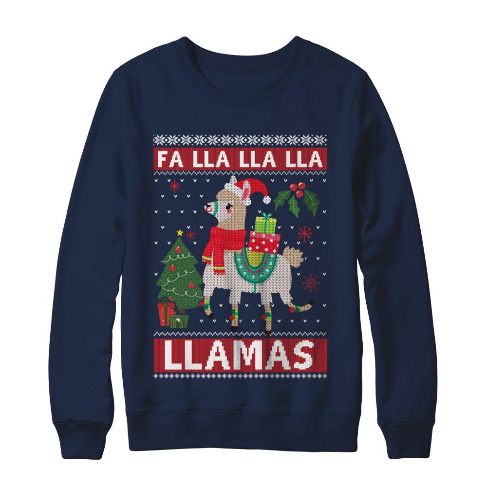 Fa Lla Lla Llama Christmas Singing Cute Ugly Sweater-T-Shirt & Sweatshirt-Crewneck Sweatshirt-Navy