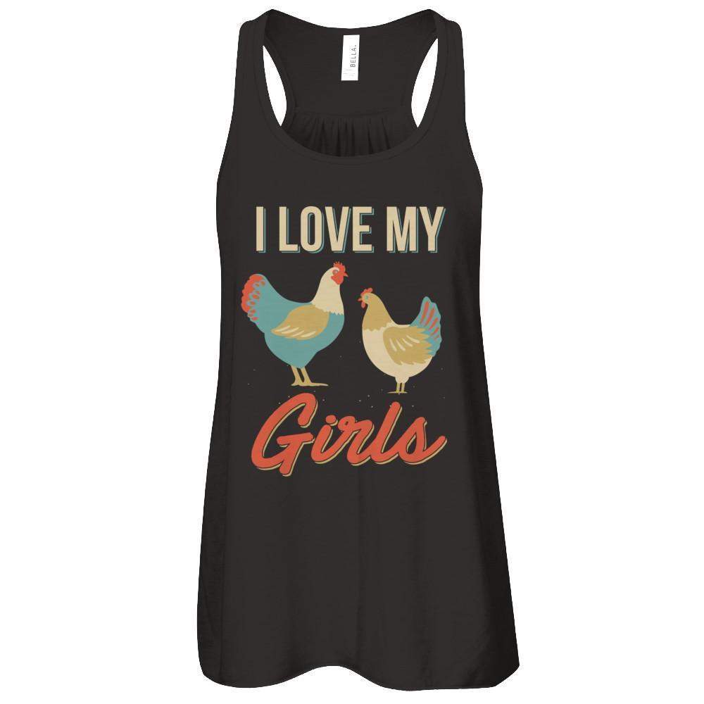 Vintage Retro I Love My Girls Funny Chicken Farmer-T-Shirt & Tank Top-Women's Flowy Racerback Tank-Black