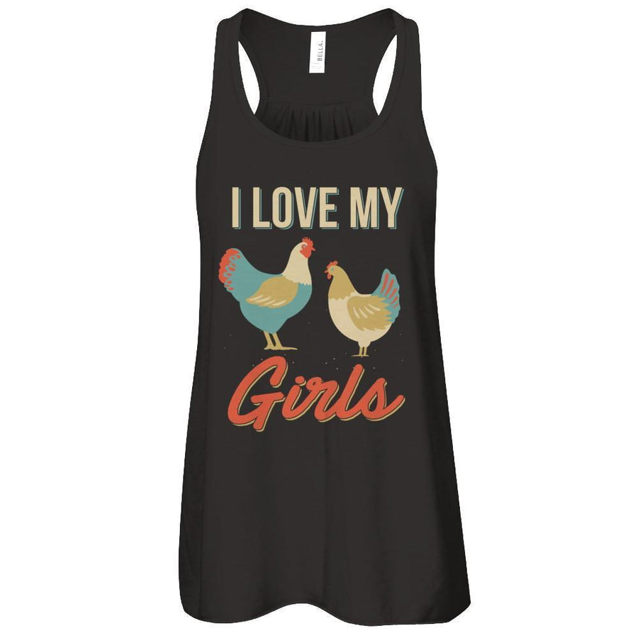 Vintage Retro I Love My Girls Funny Chicken Farmer-T-Shirt & Tank Top-Women's Flowy Racerback Tank-Black
