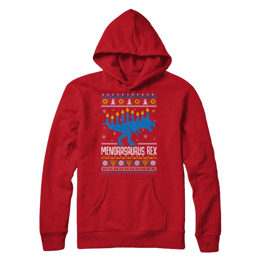 Funny Ugly Hanukkah Dinosaur T-Rex Menorasaurus Sweater-T-Shirt & Sweatshirt-Pullover Hoodie-Red