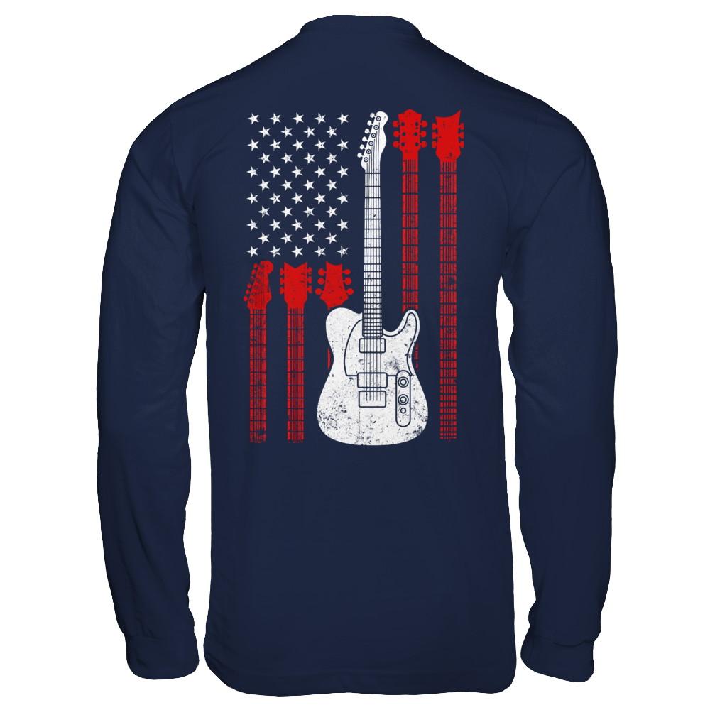 Guitar American Us Flag Music Player-T-Shirt & Hoodie-Long Sleeve T-Shirt-Navy
