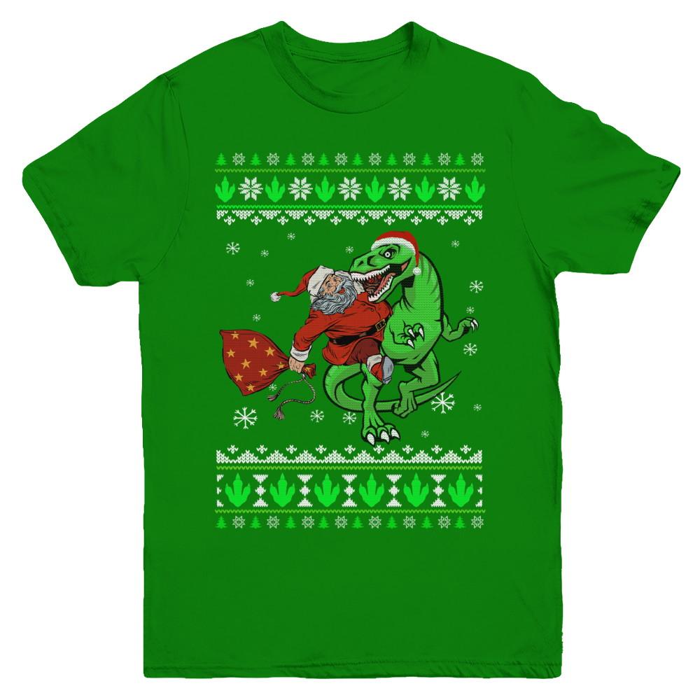 Santa Riding Dinosaur T-Rex Ugly Christmas Sweater Youth-Youth Shirt-Youth T-Shirt-Irish Green