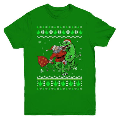 Santa Riding Dinosaur T-Rex Ugly Christmas Sweater Youth-Youth Shirt-Youth T-Shirt-Irish Green