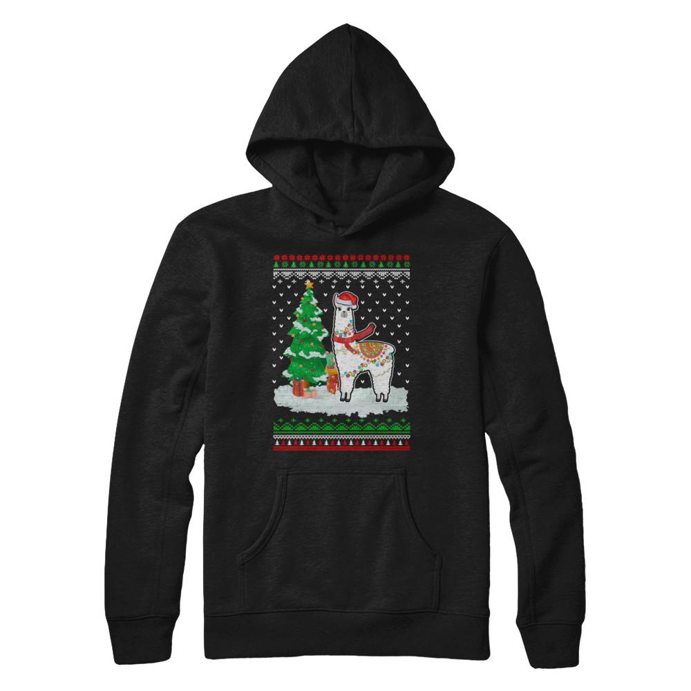 Xmas Alpaca Llama Santa Hat Ugly Christmas Sweater-T-Shirt & Sweatshirt-Pullover Hoodie-Black