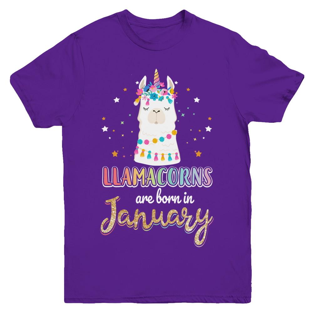 Llama Unicorn Llamacorns Born In January Birthday Gift Youth-Youth Shirt-Youth T-Shirt-Purple