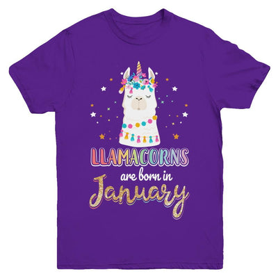 Llama Unicorn Llamacorns Born In January Birthday Gift Youth-Youth Shirt-Youth T-Shirt-Purple