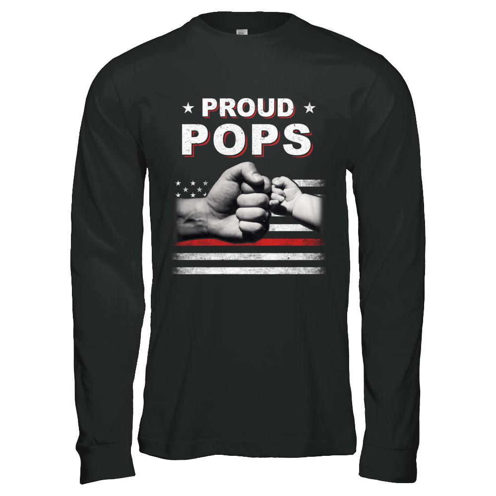 Proud Pops Fireman Firefighter Thin Red Line Flag Fathers Day-T-Shirt & Hoodie-Long Sleeve T-Shirt-Black