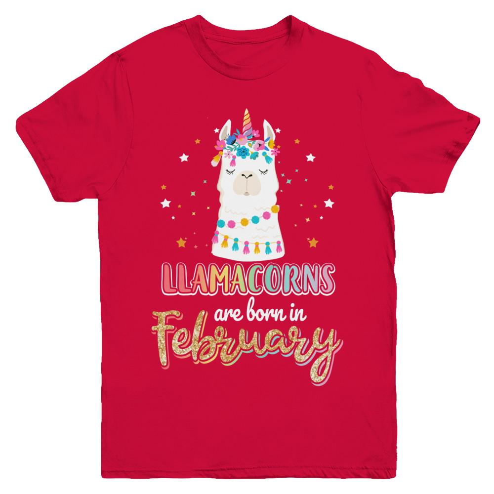 Llama Unicorn Llamacorns Born In February Birthday Gift Youth-Youth Shirt-Youth T-Shirt-Red