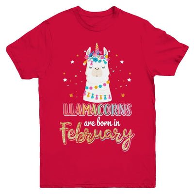 Llama Unicorn Llamacorns Born In February Birthday Gift Youth-Youth Shirt-Youth T-Shirt-Red