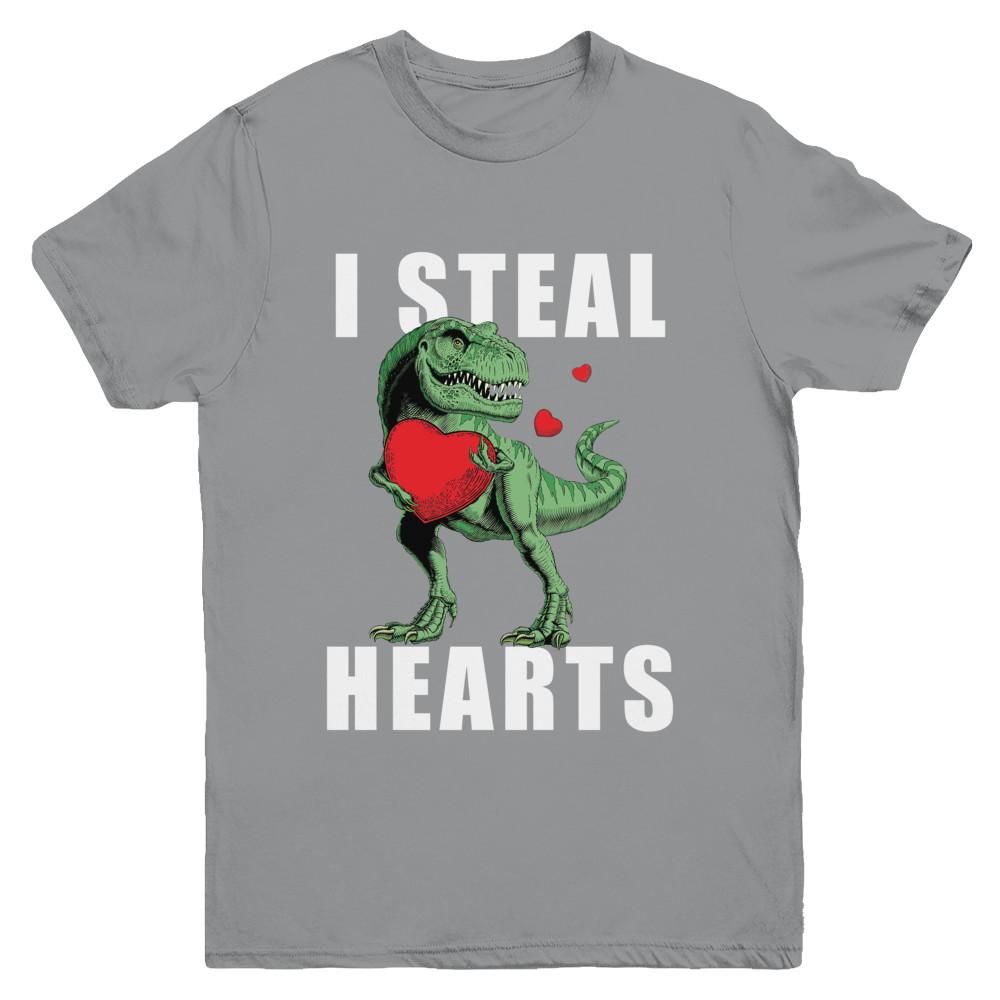 I Steal Hearts Funny Valentines Day Dinosaur T-Rex Boys Youth-Youth Shirt-Youth T-Shirt-Sport Grey