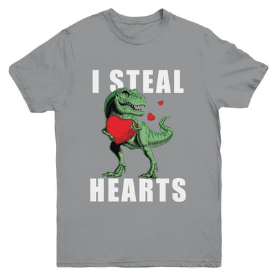 I Steal Hearts Funny Valentines Day Dinosaur T-Rex Boys Youth-Youth Shirt-Youth T-Shirt-Sport Grey