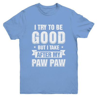 Toddler Kids I Try To Be Good But I Take After My Paw Paw Youth-Youth Shirt-Youth T-Shirt-Carolina Blue