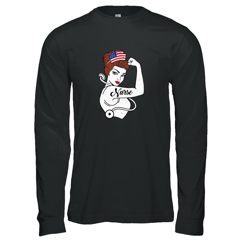 Nurse Vet Strong Woman American Flag Nursing 4Th Of July-T-Shirt & Tank Top-Long Sleeve T-Shirt-Black