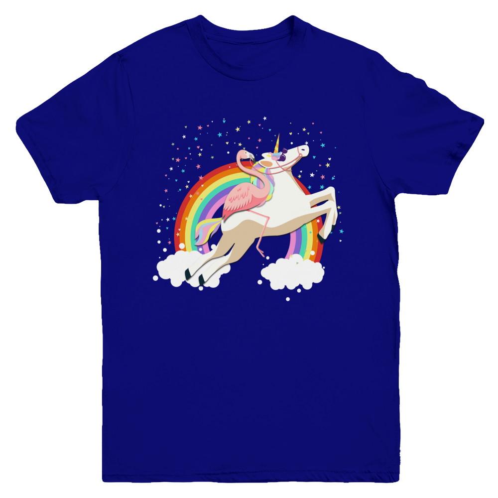 Flamingo Pink Bird Riding Unicorn Youth-Youth Shirt-Youth T-Shirt-Navy