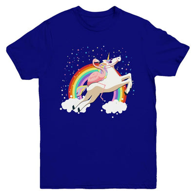 Flamingo Pink Bird Riding Unicorn Youth-Youth Shirt-Youth T-Shirt-Navy