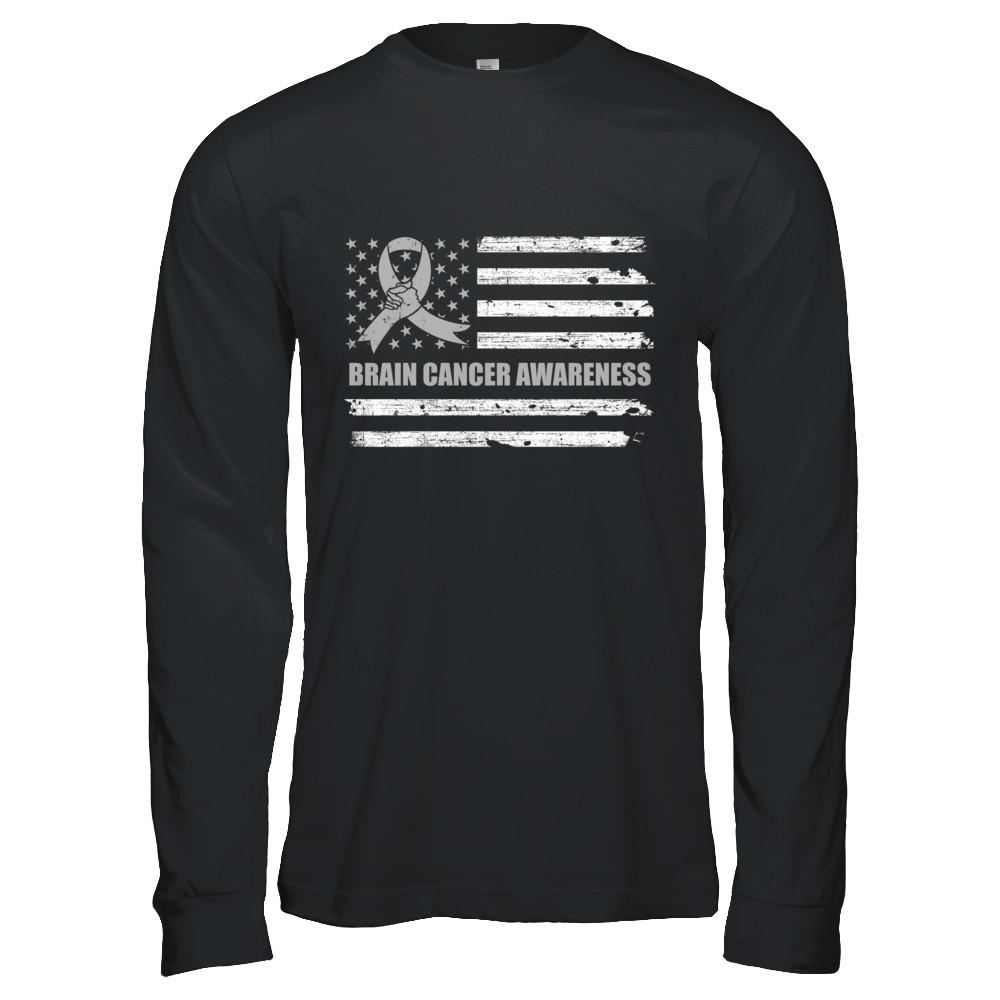 Gray Ribbon Brain Cancer Awareness US Flag-T-Shirt & Hoodie-Long Sleeve T-Shirt-Black