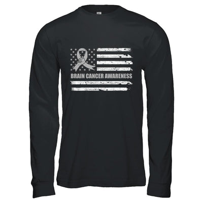 Gray Ribbon Brain Cancer Awareness US Flag-T-Shirt & Hoodie-Long Sleeve T-Shirt-Black
