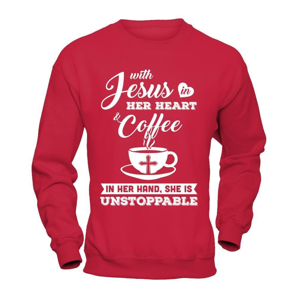 With Jesus In Her Heart And Coffee In Her Hand-T-Shirt & Hoodie-Crewneck Sweatshirt-Red