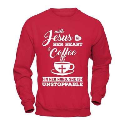 With Jesus In Her Heart And Coffee In Her Hand-T-Shirt & Hoodie-Crewneck Sweatshirt-Red