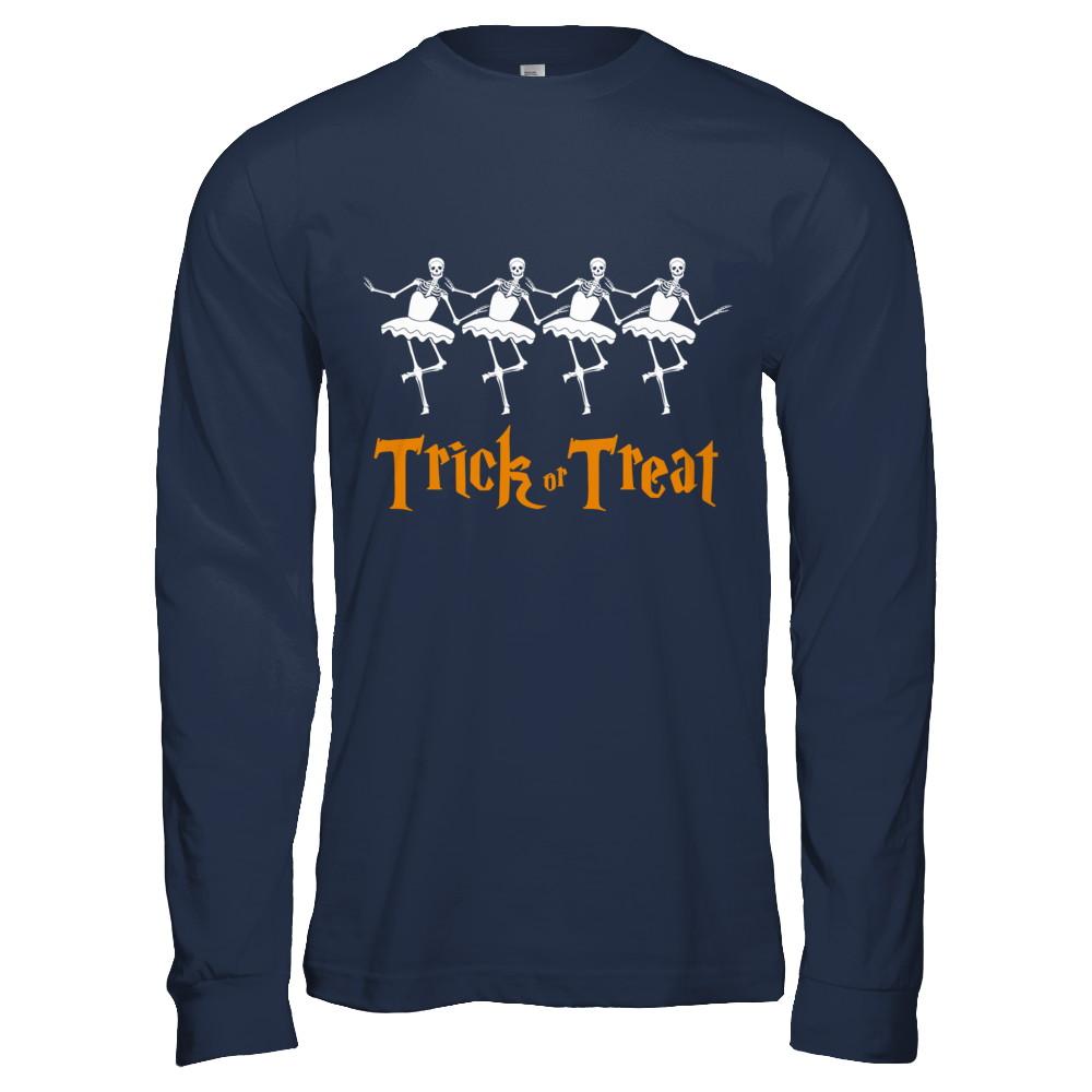 Trick Or Treat Ballet Skeleton Happy Halloween-T-Shirt & Hoodie-Long Sleeve T-Shirt-Navy