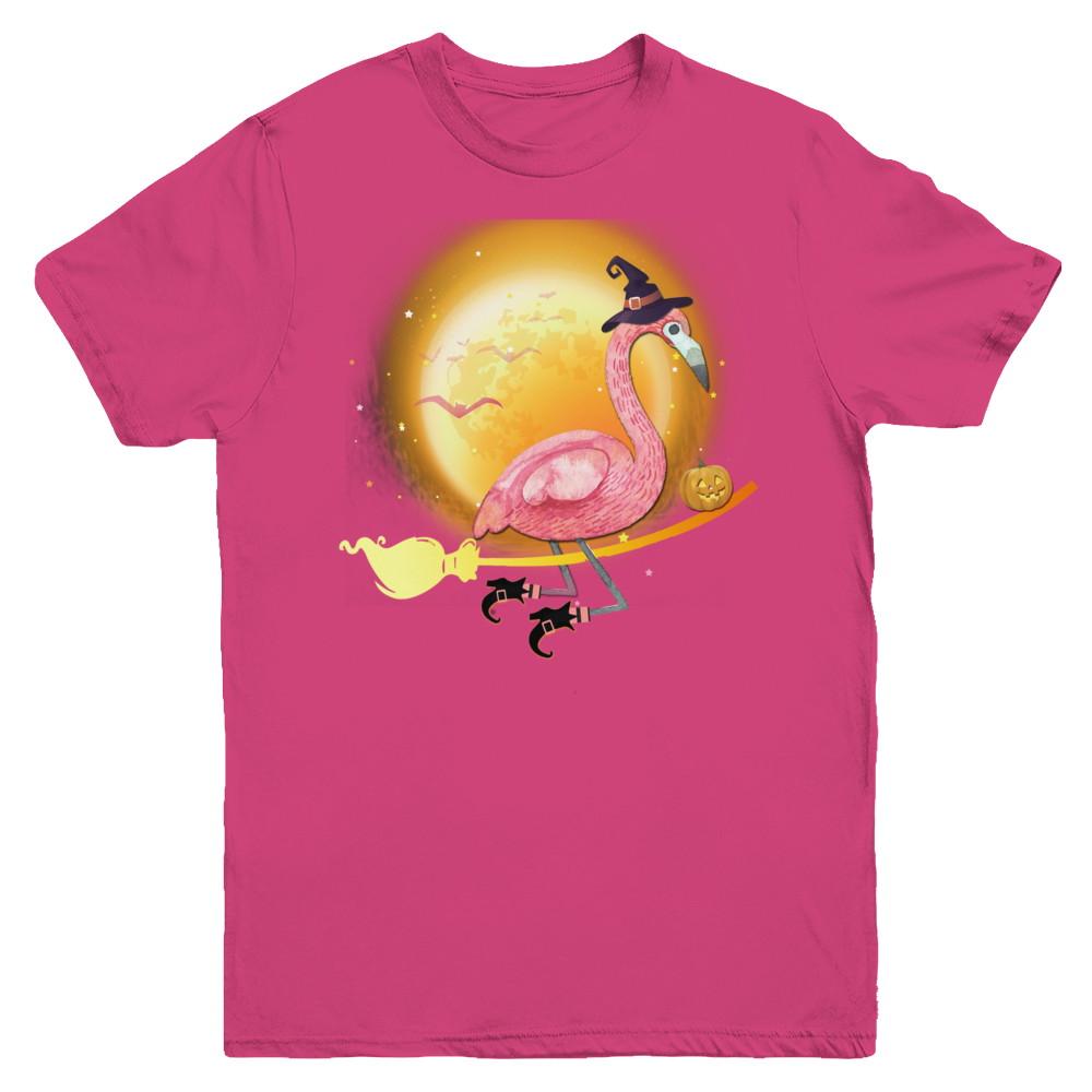 Funny Halloween Flamingo Witch Broom Scary Youth-Youth Shirt-Youth T-Shirt-Heliconia