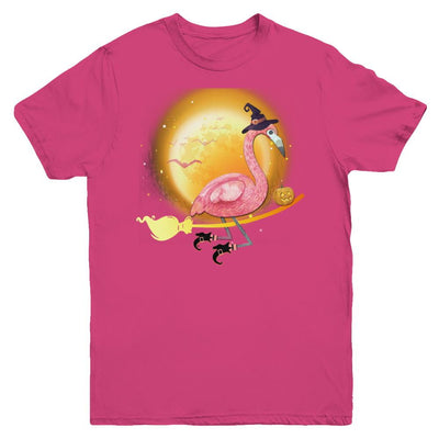 Funny Halloween Flamingo Witch Broom Scary Youth-Youth Shirt-Youth T-Shirt-Heliconia