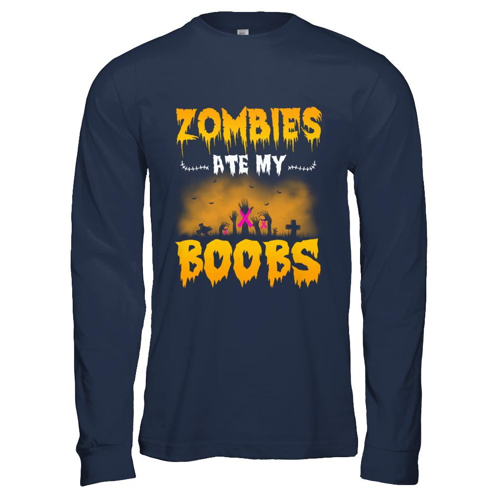 Zombies Ate My Boobs Breast Cancer Pink Halloween-T-Shirt & Hoodie-Long Sleeve T-Shirt-Navy
