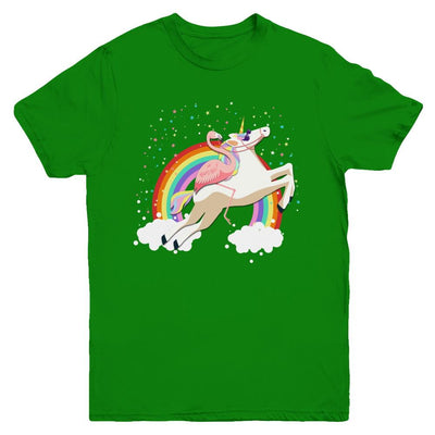 Flamingo Pink Bird Riding Unicorn Youth-Youth Shirt-Youth T-Shirt-Irish Green
