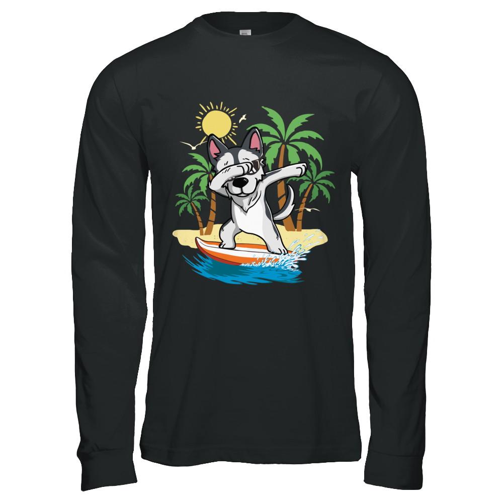 Summer Vacation Dabbing Husky Surfing Surfboard Gift-T-Shirt & Hoodie-Long Sleeve T-Shirt-Black
