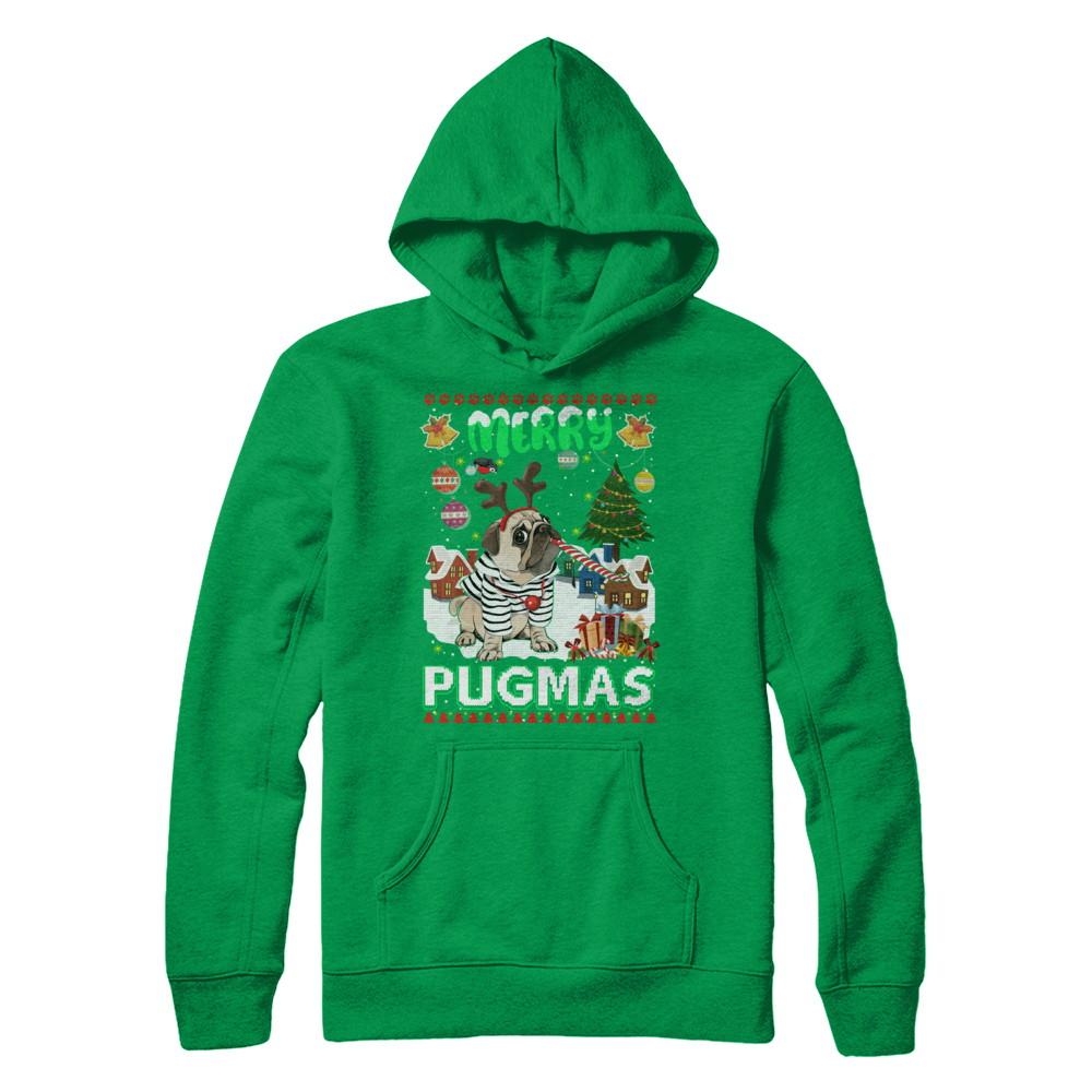 Cute Pug Christmas Merry Pugmas Ugly Sweater Christmas-T-Shirt & Sweatshirt-Pullover Hoodie-Irish Green