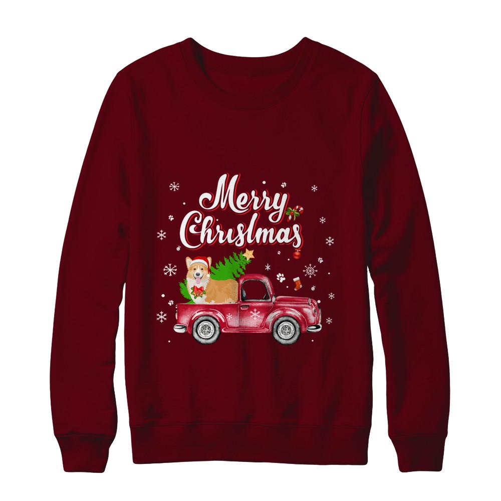 Corgi Retriever Rides Red Truck Christmas Pajama-T-Shirt & Sweatshirt-Crewneck Sweatshirt-Maroon