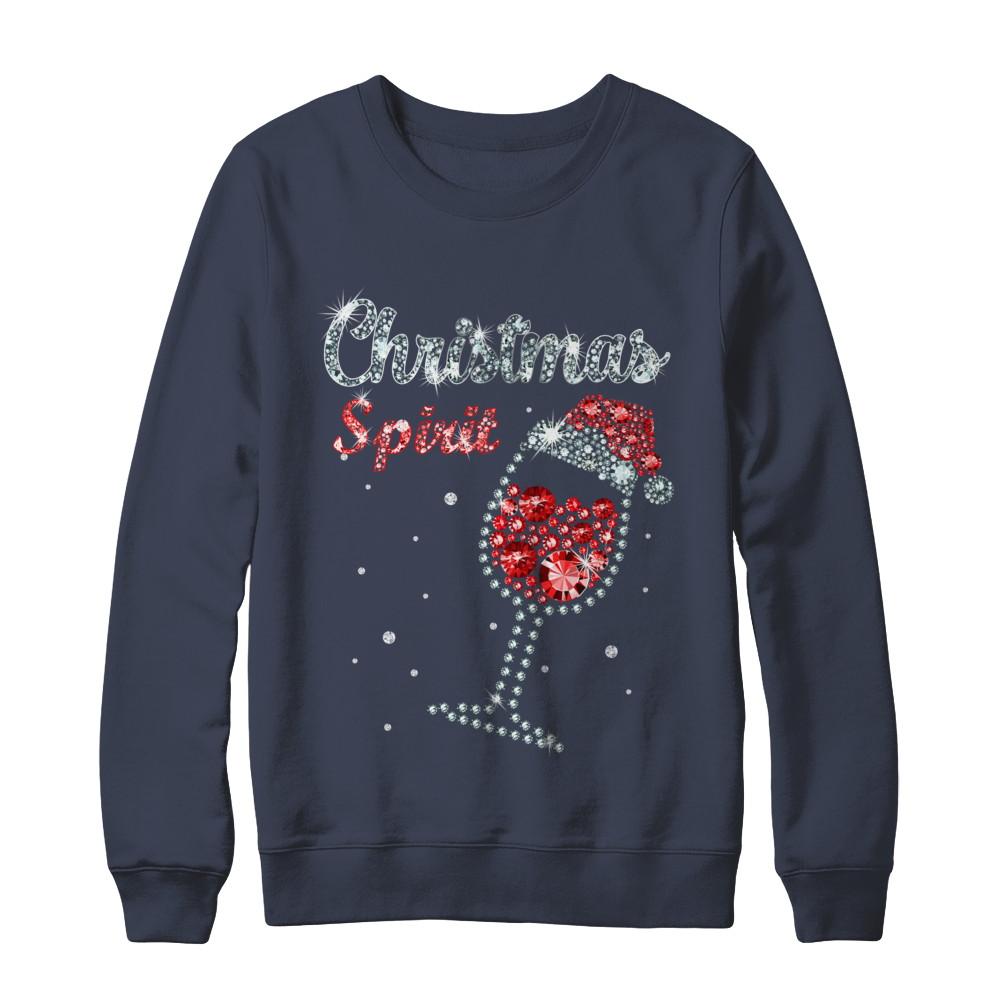 Diamond Christmas Spirit Santa Hat Wine Glass-T-Shirt & Sweatshirt-Crewneck Sweatshirt-Navy