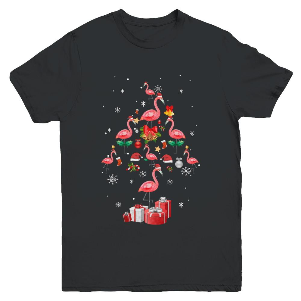 Santa Flamingo Christmas Tree Gift Youth-Youth Shirt-Youth T-Shirt-Black