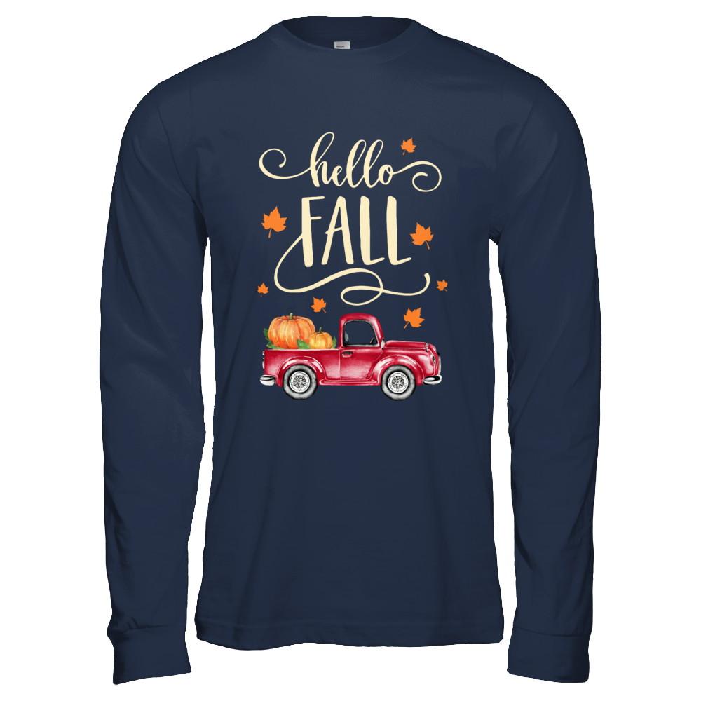 Vintage Hello Fall Pickup Pumpkin Patch Leaves-T-Shirt & Hoodie-Long Sleeve T-Shirt-Navy