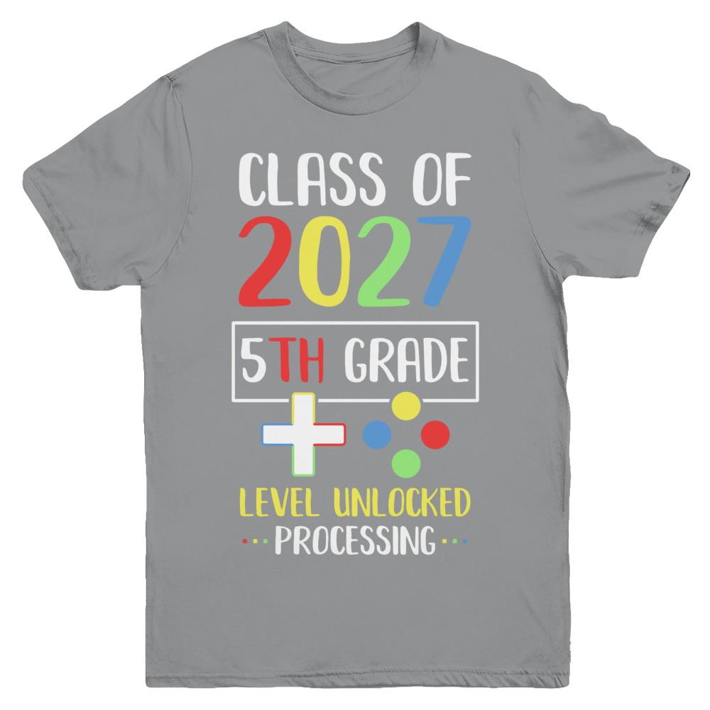 Class Of 2027 5th Grade Level Unlock Gaming Back Go School Youth-Youth Shirt-Youth T-Shirt-Sport Grey