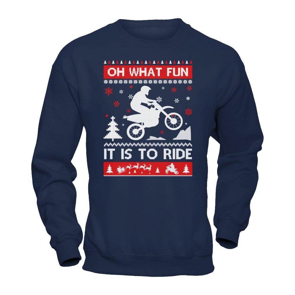 Motocross Sweater Christmas Oh What Fun It Is To Ride-T-Shirt & Hoodie-Crewneck Sweatshirt-Navy