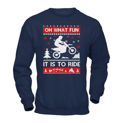 Motocross Sweater Christmas Oh What Fun It Is To Ride-T-Shirt & Hoodie-Crewneck Sweatshirt-Navy