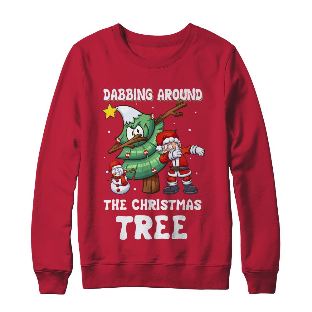 Dabbing Santa Around Christmas Tree-T-Shirt & Sweatshirt-Crewneck Sweatshirt-Red
