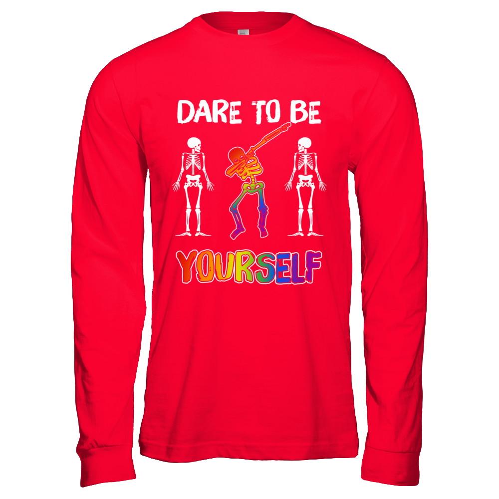 Dare To Be Yourself Funny Lgbt Skeleton-T-Shirt & Hoodie-Long Sleeve T-Shirt-Red