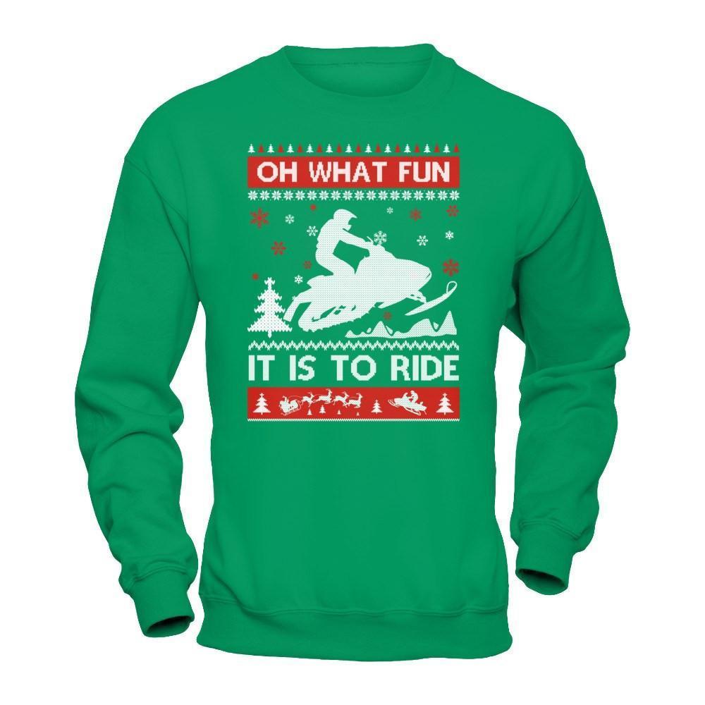 Snowmobile Sweater Christmas Oh What Fun It Is To Ride-T-Shirt & Hoodie-Crewneck Sweatshirt-Irish Green
