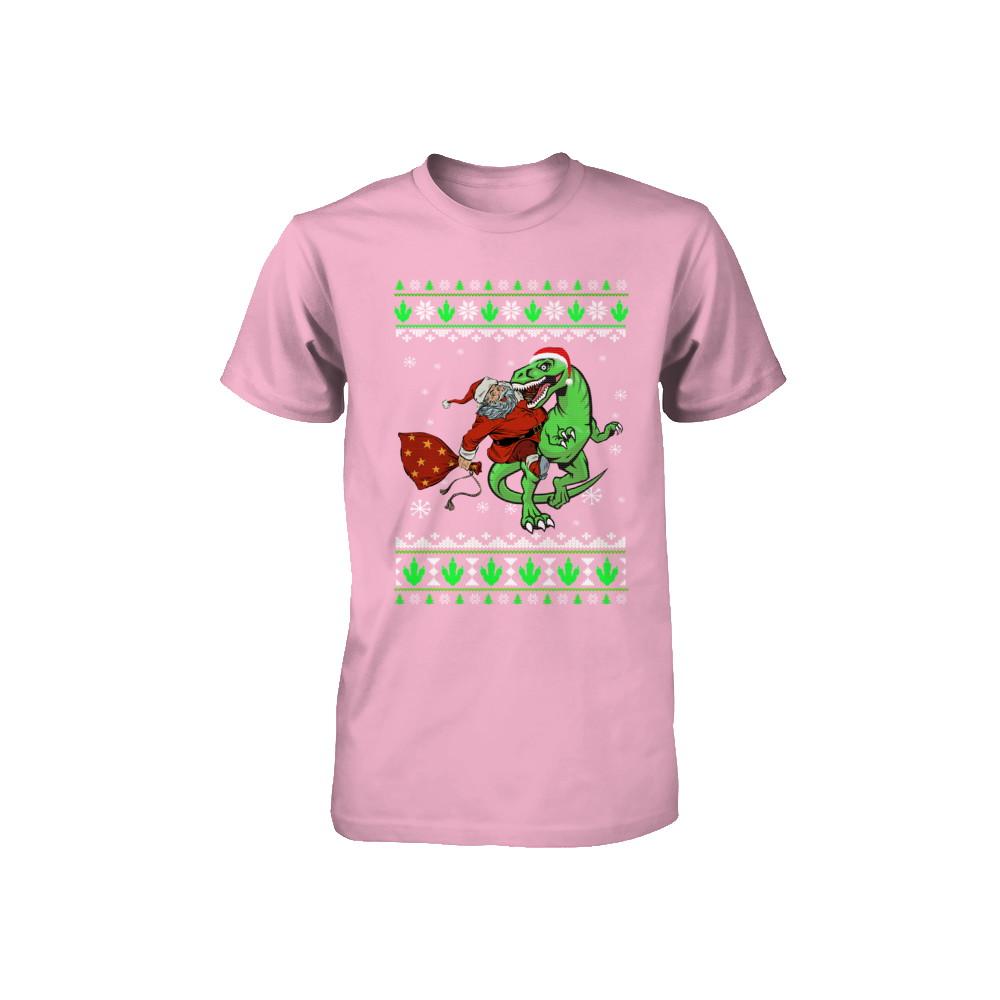 Santa Riding Dinosaur T-Rex Ugly Christmas Sweater Youth-Youth Shirt-Toddler T-Shirt-Pink