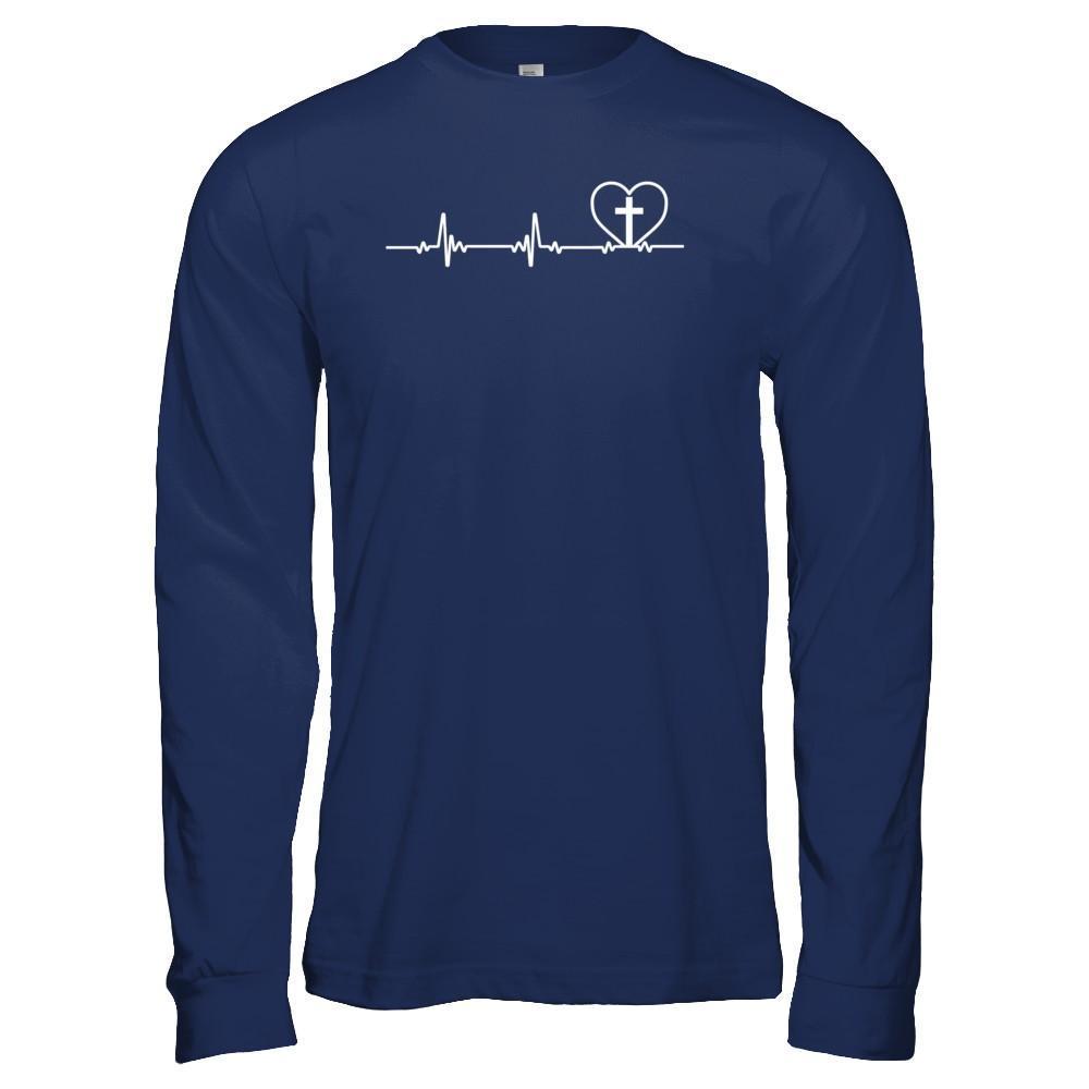 Christian Cross Heartbeat God Jesus-T-Shirt & Hoodie-Long Sleeve T-Shirt-Navy