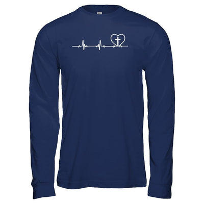 Christian Cross Heartbeat God Jesus-T-Shirt & Hoodie-Long Sleeve T-Shirt-Navy