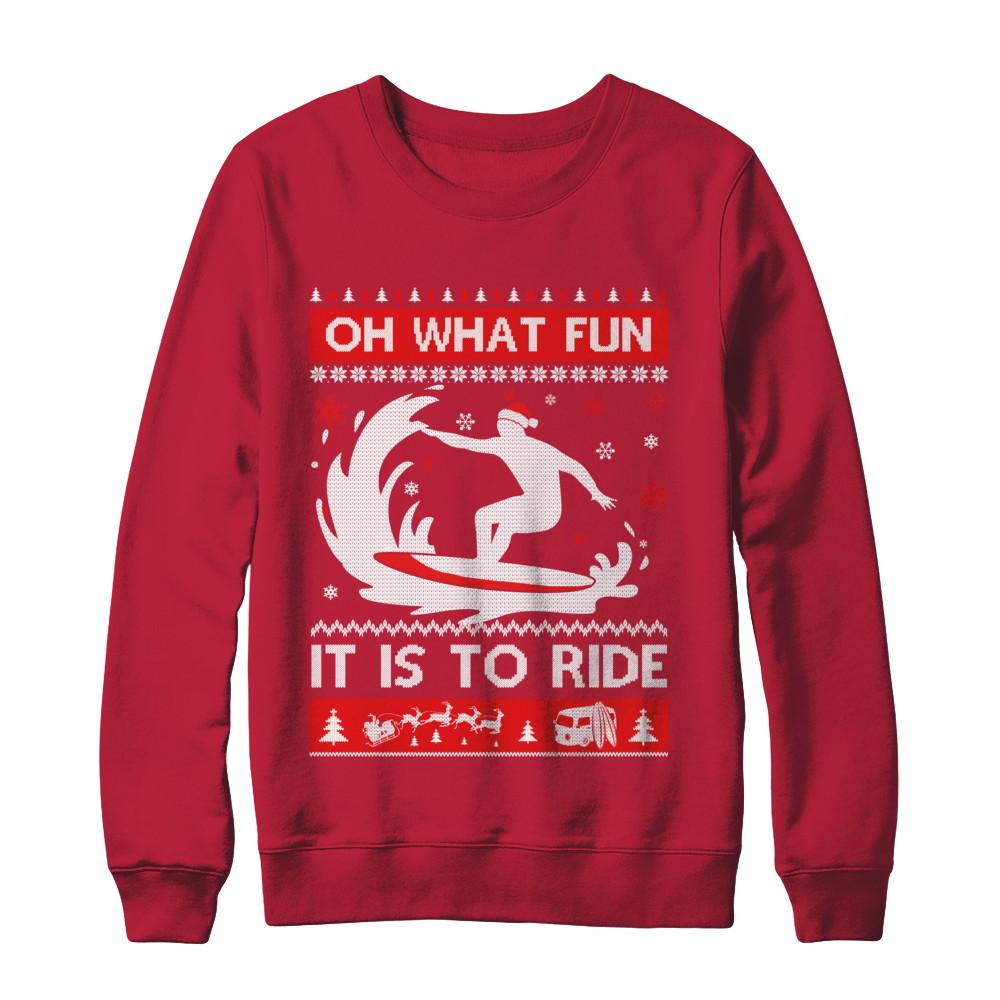 Oh What Fun It Is To Ride Sweater Christmas Surfing-T-Shirt & Sweatshirt-Crewneck Sweatshirt-Red