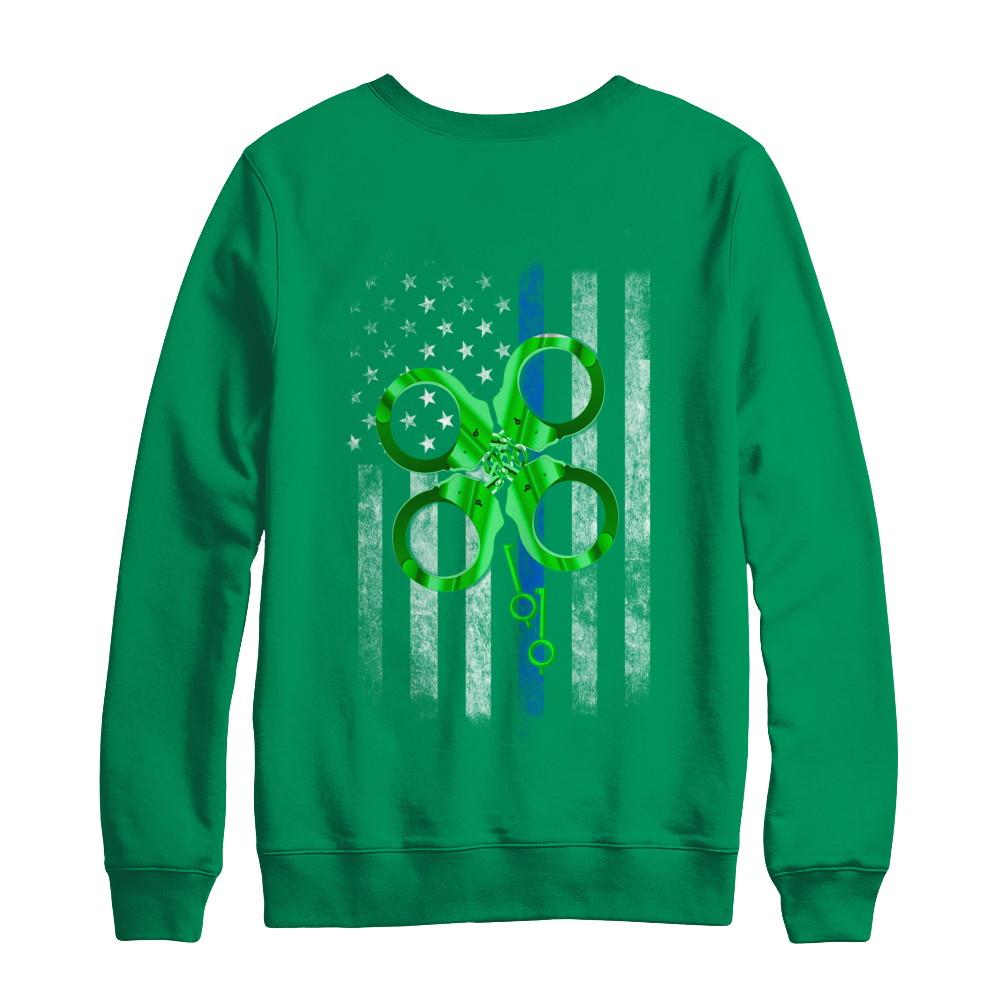 Thin Blue Line Happy St Patrick's Day Clover Police-T-Shirt & Hoodie-Crewneck Sweatshirt-Irish Green