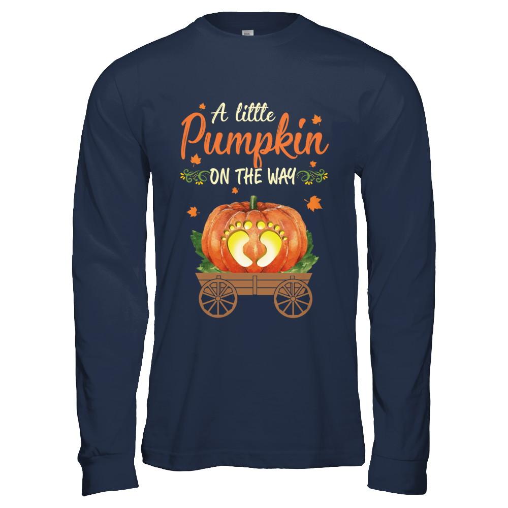 Funny Little Pumpkin On The Way Pregnant Halloween-T-Shirt & Hoodie-Long Sleeve T-Shirt-Navy