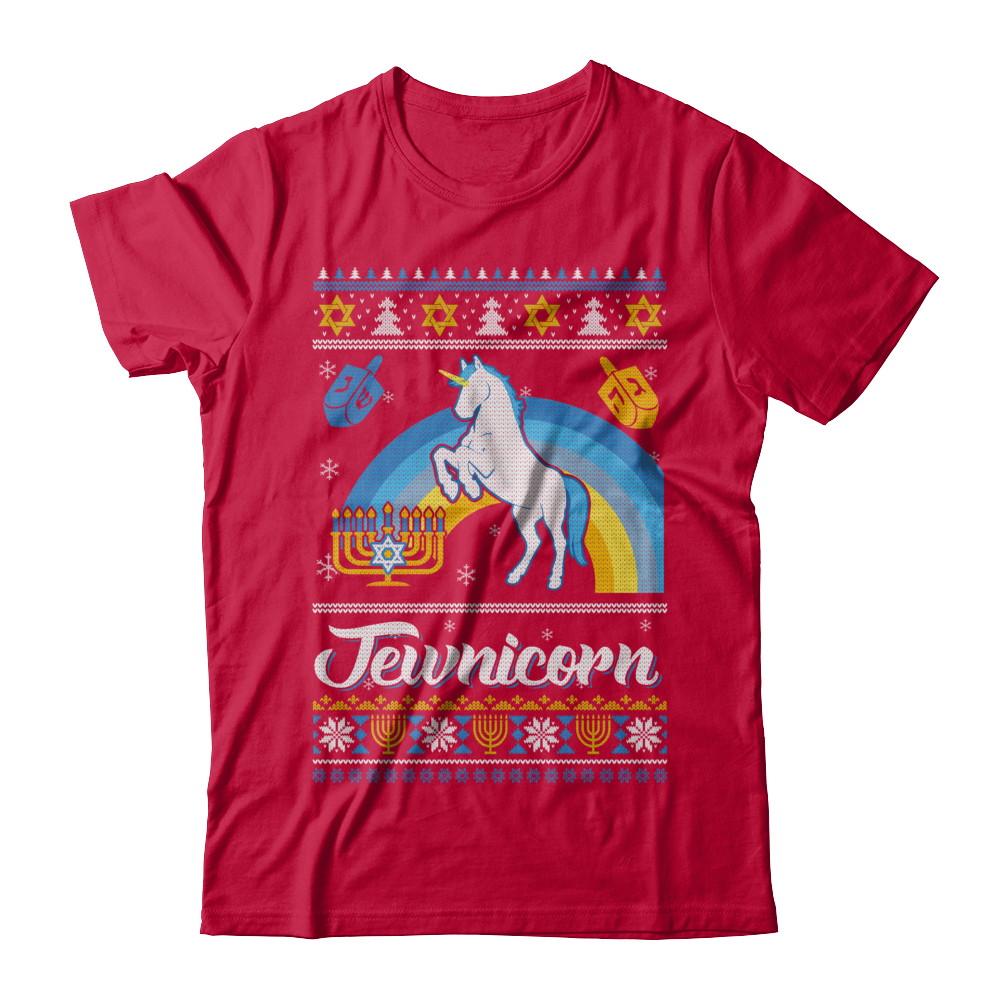 Funny Ugly Hanukkah Sweater Unicorn Jewnicorn-T-Shirt & Sweatshirt-Classic T-Shirt-Red